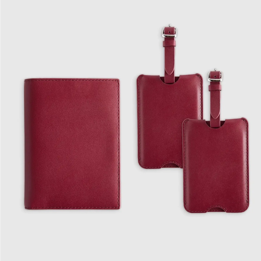Quince Burgundy Leather Passport Cover with Matching Luggage Tags
